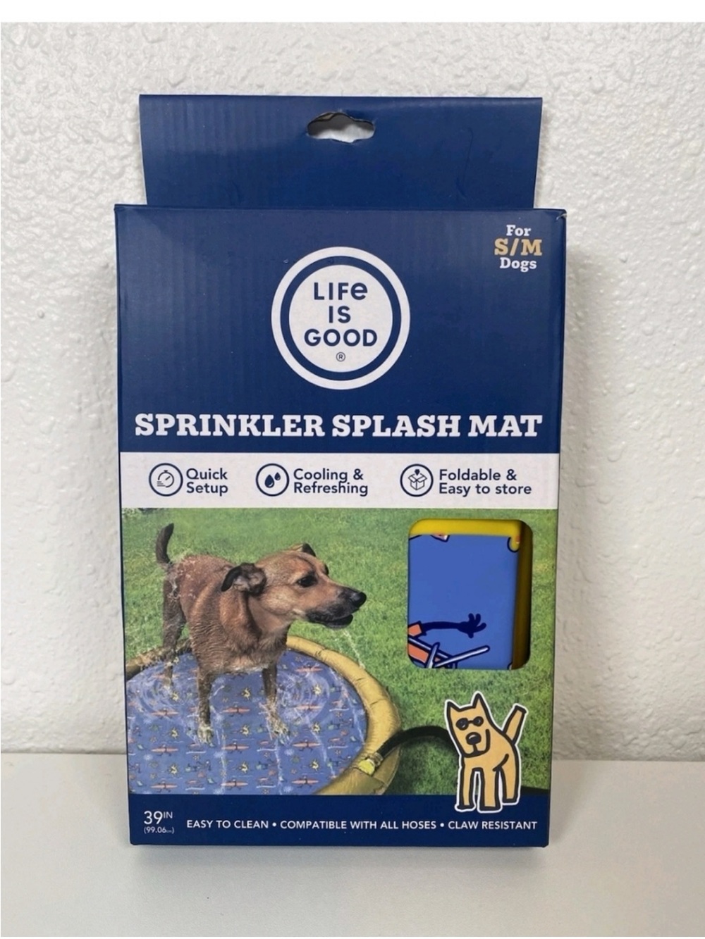 Life Is Good Blue and Yellow Sprinkler Splash Mat for Dogs - Cooling Play Pad